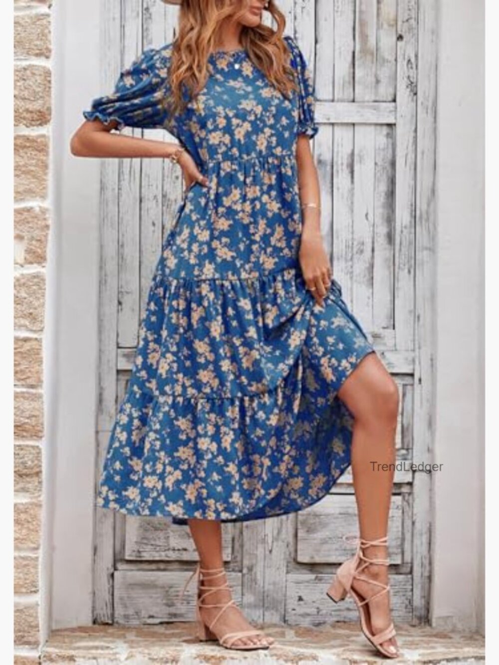 Boho Floral Midi Dress with Puff Sleeves - Summer Beach Sundress - Picture 5 of 7